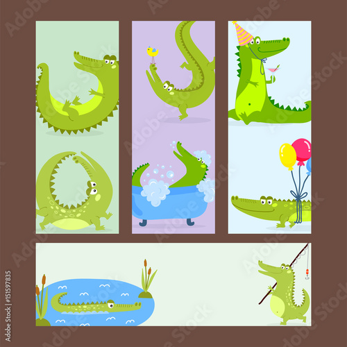 Cartoon green crocodile funny predator australian wildlife river reptile alligator flat vector illustration.