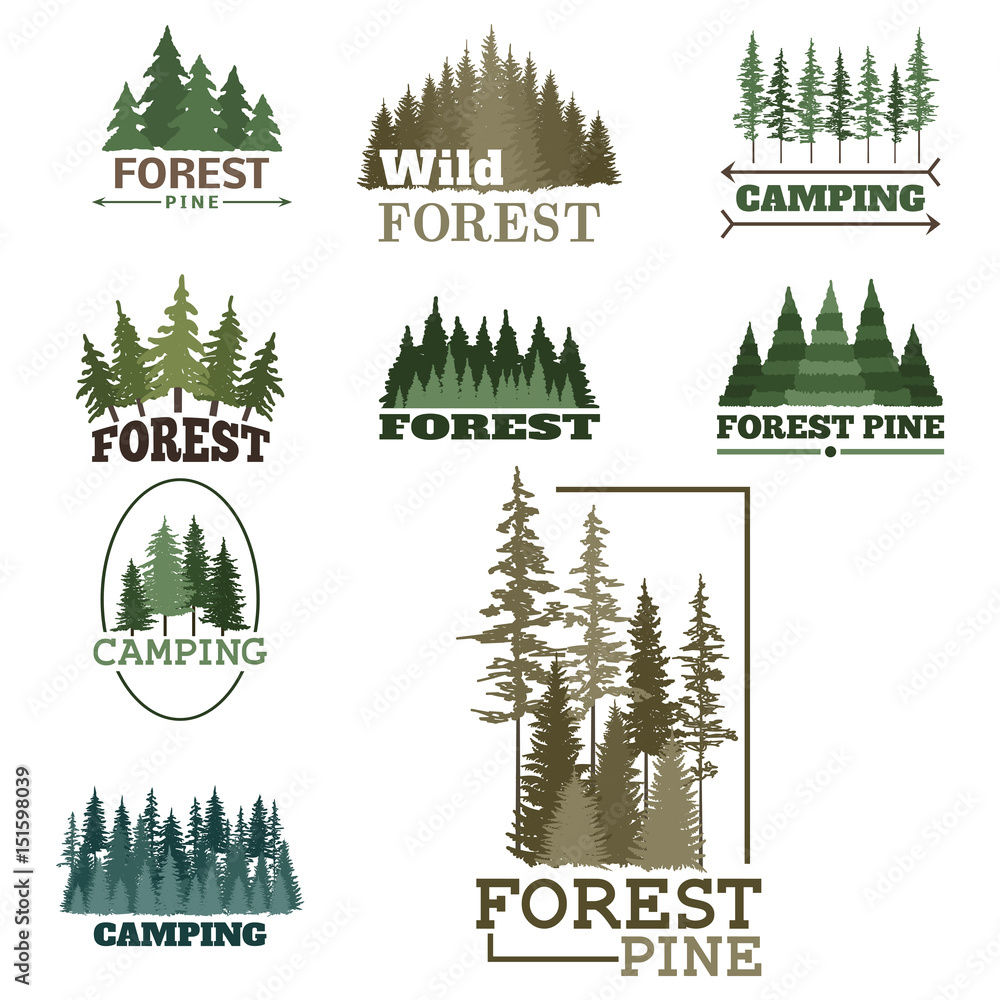 Tree outdoor travel green silhouette forest badge coniferous natural logo badge tops pine spruce vector. - obrazy, fototapety, plakaty 