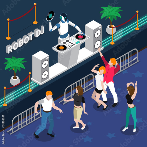Robot DJ And Dancing People At Party