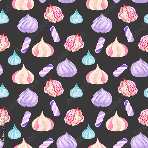 Seamless pattern with watercolor marshmallow, hand drawn isolated on a dark background