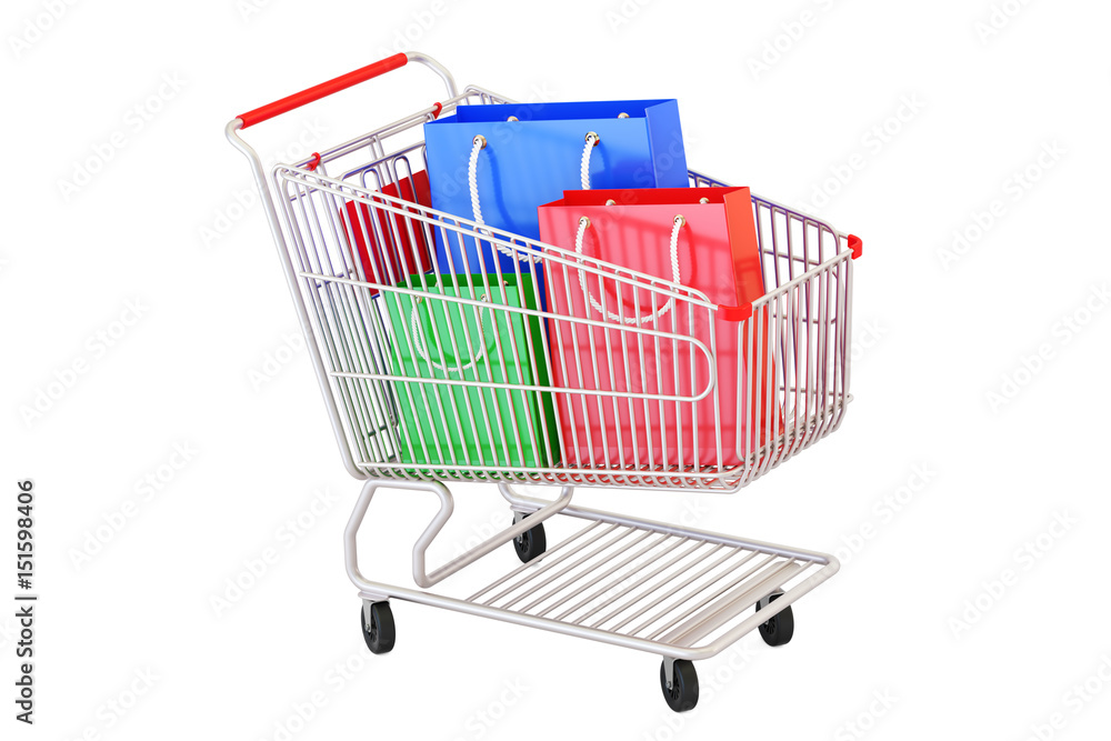 Shopping cart with shopping bags, 3D rendering