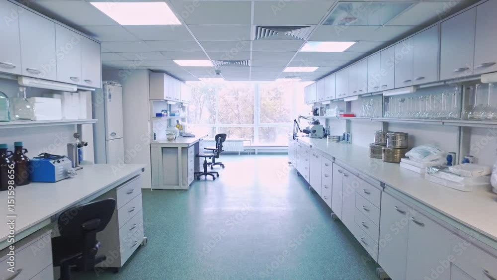 Research laboratory interior. Point of view empty science laboratory room. Pov of medical laboratory workplace. Walking in modern medical lab room. Science laboratory room