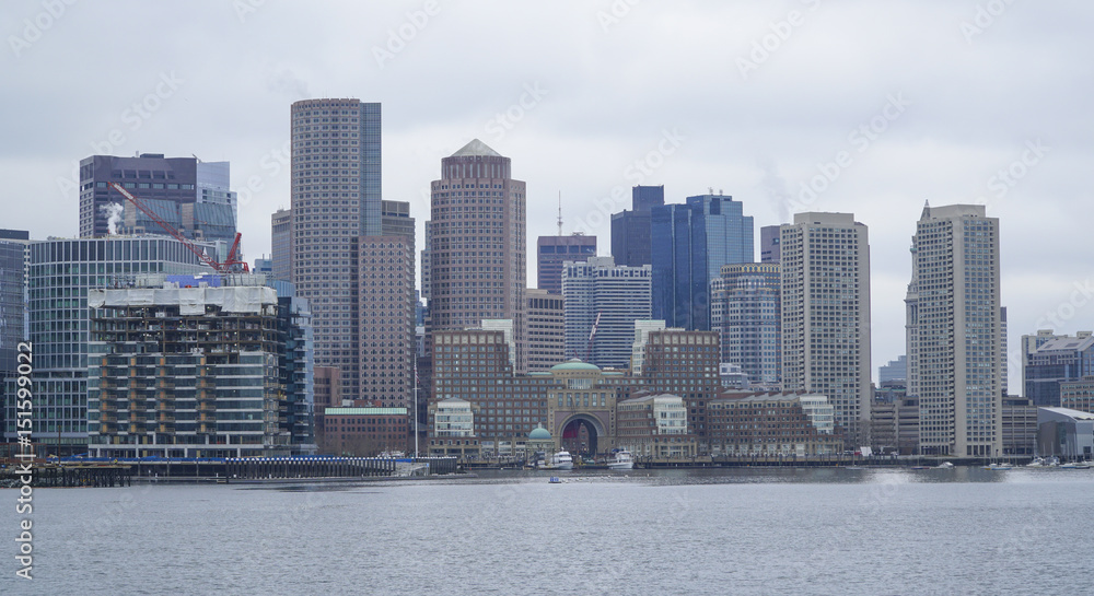 Skyline of Boston - view from Boston Harbor - BOSTON , MASSACHUSETTS - APRIL 3, 2017