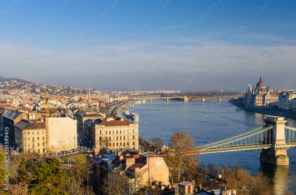 Aerial view of Budapest. Hungarian landmarks: Chain Bridge, Parliament and Danube river in Budapest.