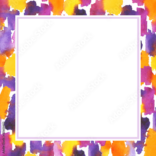 Frame watercolor. Hand painted background pink, orange, yellow, purple stains isolated on white. Abstract painting.