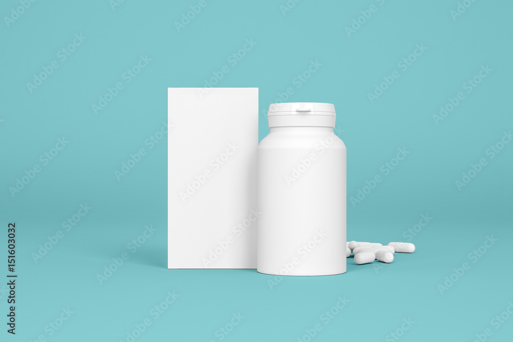 Box and bottle of pills on the blue background. Pharmacy mockups for meds presentations, BADs and other kinds of pharmaceutical products. Front view. Box and bottle of pills on the blue background. Pharmacy mockups for meds presentations, BADs and other kinds of pharmaceutical products. Front view.