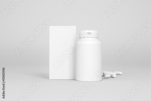 Box and bottle of pills on the gray background. Pharmacy mockups for meds presentations, BADs and other kinds of pharmaceutical products. Front view.
