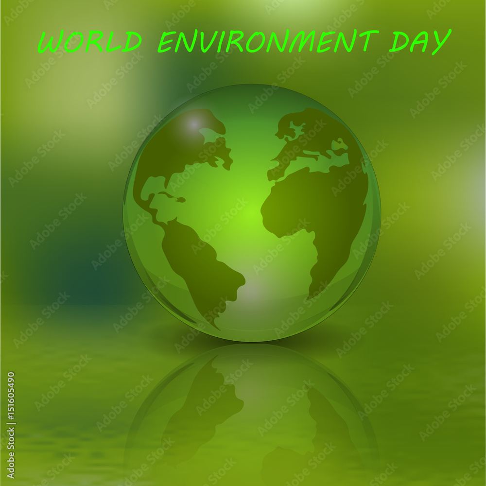 An inscription with an afternoon environment. The globe and its reflection. Green ecological background. illustration An inscription with an afternoon environment. The globe and its reflection. Green ecological background. illustration
