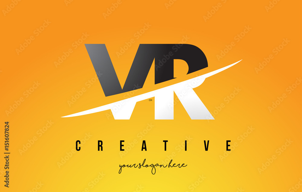 VR V R Letter Modern Logo Design with Yellow Background and Swoosh.