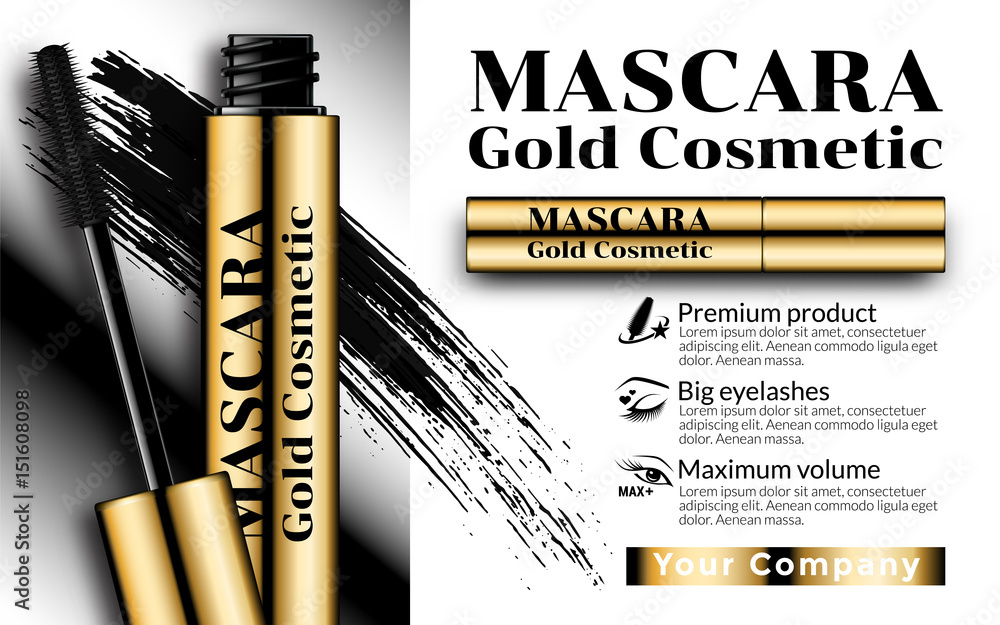 Vecteur Stock Cosmetics Advertising Banner Billboard Poster Catalog. Luxury  mascara ads gold package with eyelash applicator brush mascaras VIP  background. Package Design Promotion Product. 3D Vector Illustration |  Adobe Stock