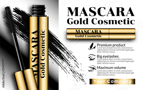 Cosmetics Advertising Banner Billboard Poster Catalog. Luxury mascara ads gold package with eyelash applicator brush mascaras VIP background. Package Design Promotion Product. 3D Vector Illustration