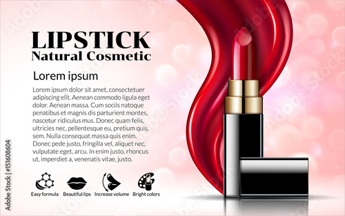 Glamorous Fashion lipstick ads elegant liquid flowing lipsticks for makeup isolated on scarlet pink background Cosmetics Package Product. Advertising Banner Poster Catalog. 3D Vector Illustration