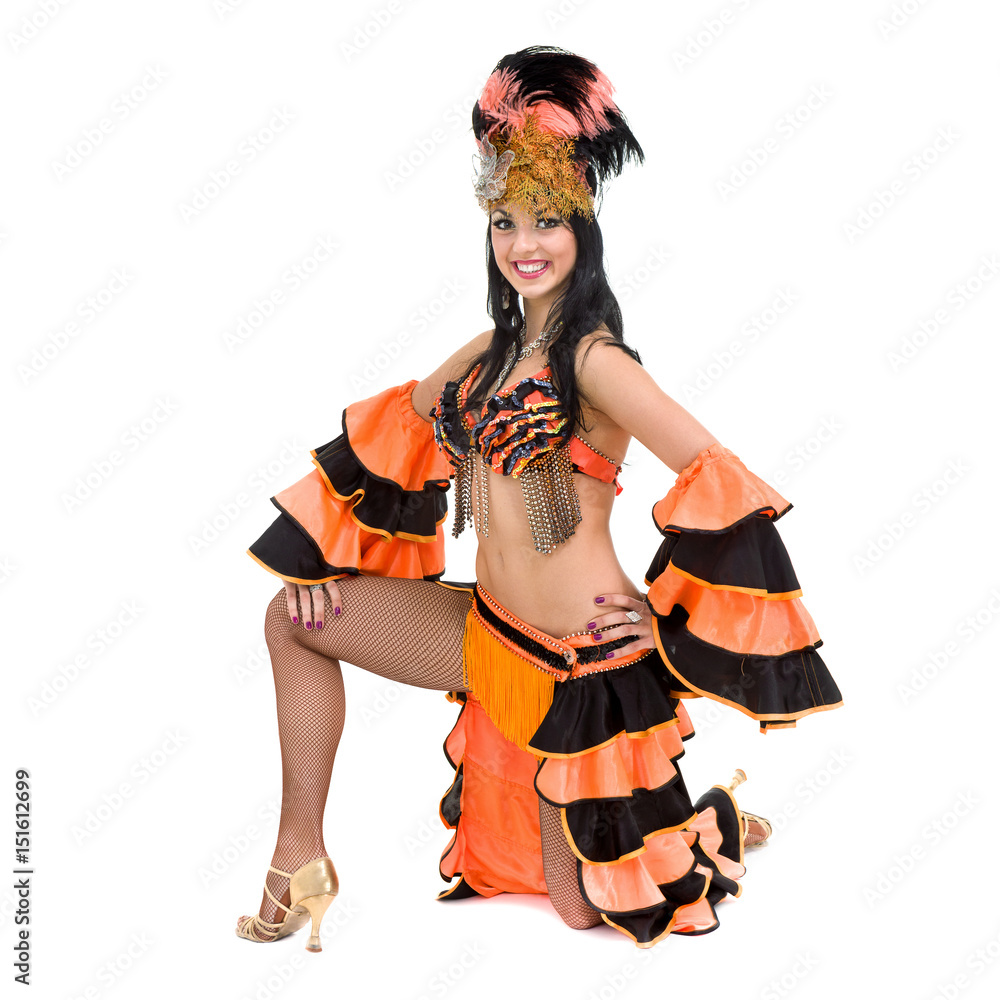 one caucasian woman samba dancer dancing isolated on white in full length one caucasian woman samba dancer dancing isolated on white in full length