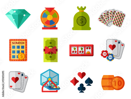 Casino game icons poker gambler symbols blackjack winning roulette joker slotbvector illustration.