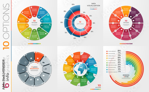 Collection of 6 vector circle chart templates 10 options.