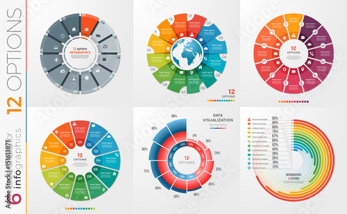 Collection of 6 vector circle chart templates 12 options.