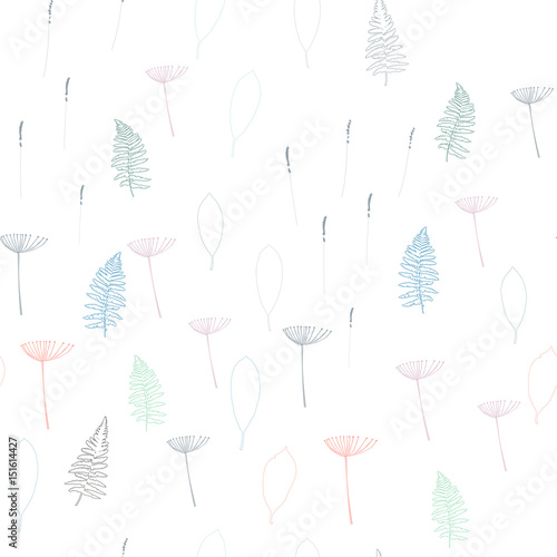 Vector floral seamless pattern  with  lavender flowers, ferns leaves and styl...