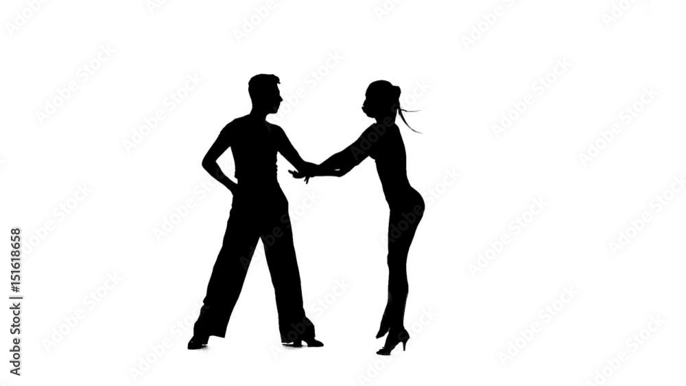 Dance element from rumba, silhouette pair. White background, slow motion Dance element from rumba, silhouette pair. White background, slow motion