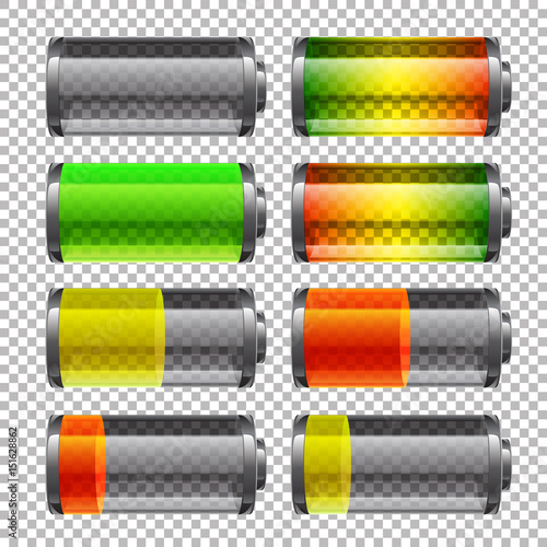 Vector batteries set, full charge. Glass realistic power battery illustration on transparent background.