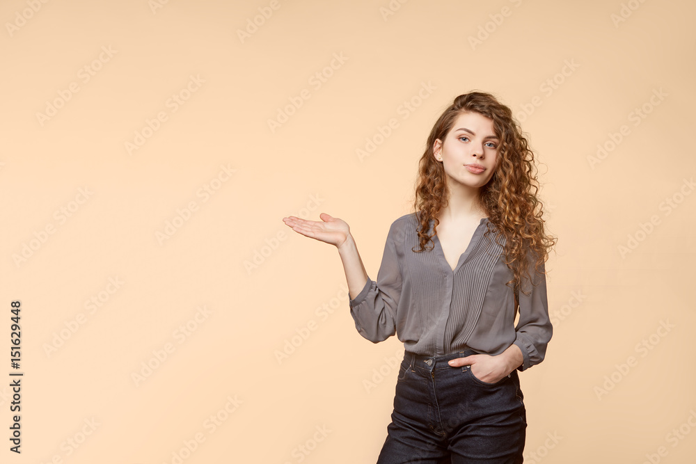 woman biege background copy space woman biege background copy space