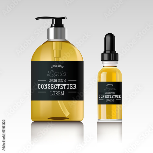 Realistic essential oil bottle. Soap pump.