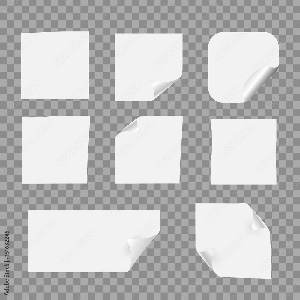 Vector isolated realistic set of paper note on the transparent background. White template mockup for message, decoration and covering. Vector isolated realistic set of paper note on the transparent background. White template mockup for message, decoration and covering.