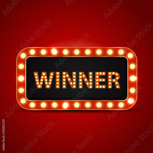 Vector retro neon billboard for winner and glowing lamps on the red background. Concept of winning, casino and award ceremony.