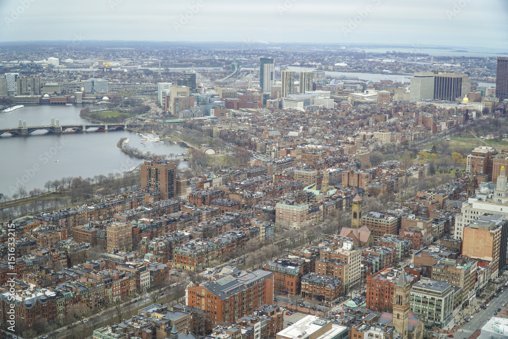 Wide angle aerial view over the city of Boston - BOSTON , MASSACHUSETTS - APRIL 3, 2017