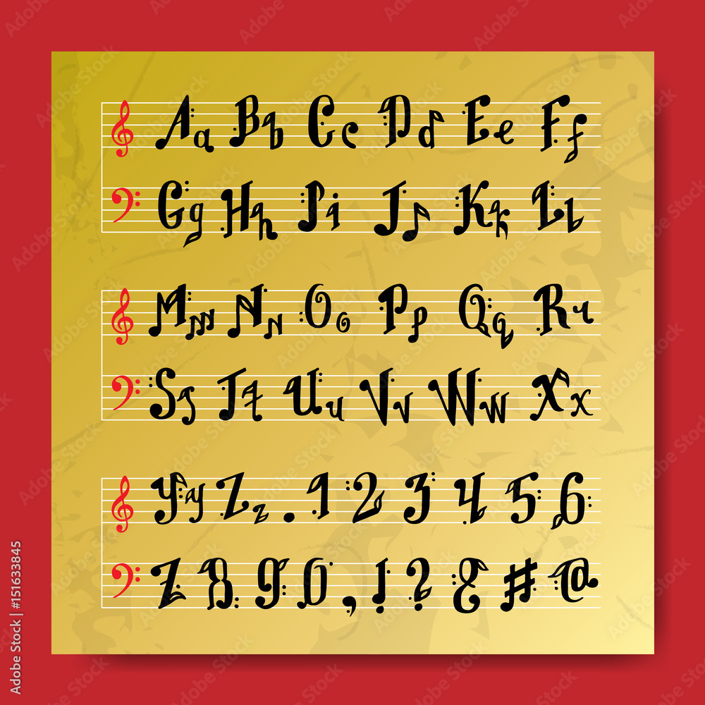 Musical decorative education music notes alphabet font hand mark calligraphy poster vector Musical decorative education music notes alphabet font hand mark calligraphy poster vector