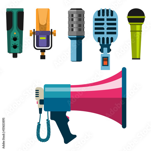 Different microphones types icons journalist vector interview music broadcasting vocal tool tv tool.