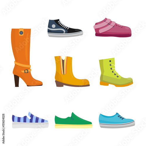 Set of womens shoes flat design vector collection of leather colored moccasins boots illustration.
