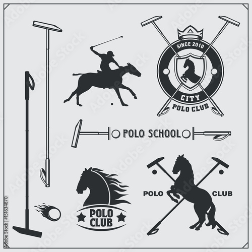 Set of vintage horse polo club labels, emblems, badges and design elements.