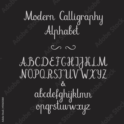 Calligraphic alphabet. Decorative handwritten brush font. Uppercase  lowercase and ampersand. Vector letters. Wedding calligraphy