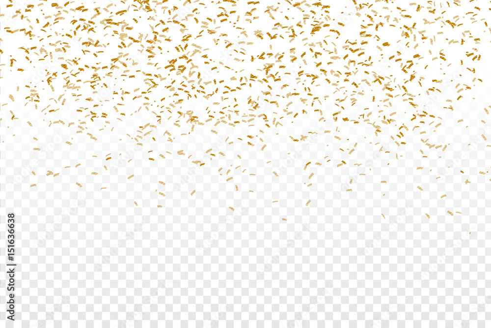 Vector realistic golden confetti on the transparent background. Concept of happy birthday, party and holidays.