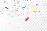 Vector realistic colorful confetti on the transparent background. Concept of happy birthday, party and holidays.