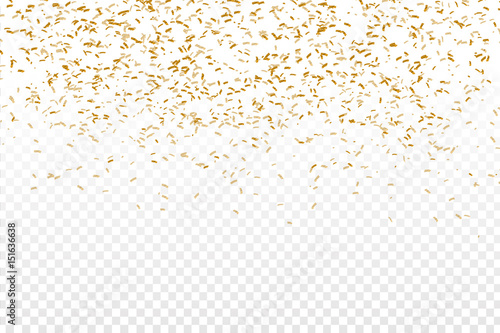 Vector realistic golden confetti on the transparent background. Concept of happy birthday, party and holidays.