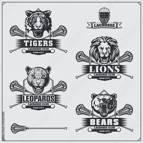 Lacrosse badges, labels and design elements. Sport club emblems with bear, lion, tiger and leopard.
