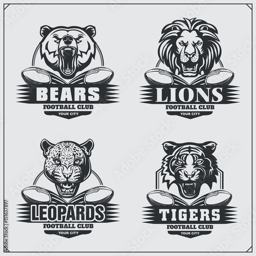 Football badges, labels and design elements. Sport club emblems with bear, lion, tiger and leopard.