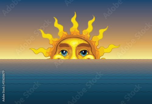 Sunrise or Sunset is an illustration of the sun rising or setting from behind the waves of the sea or ocean.