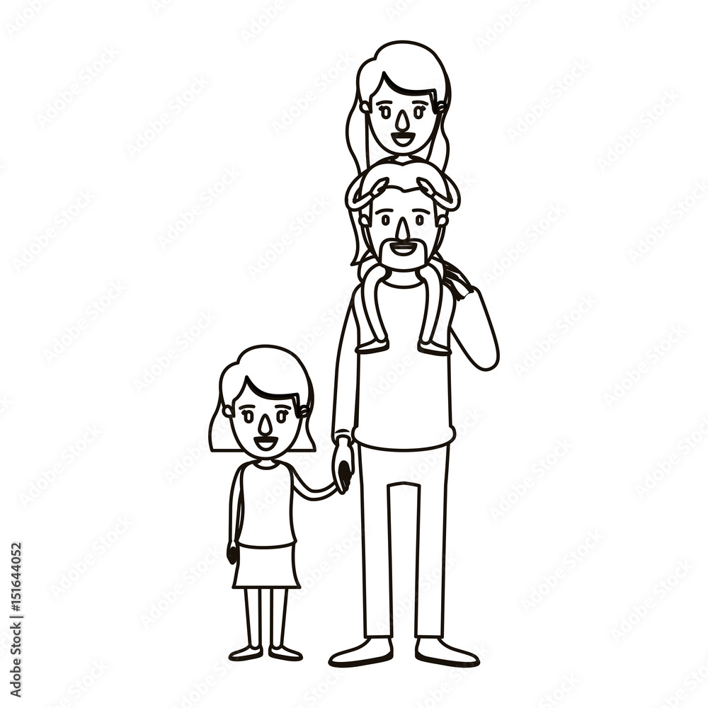 silhouette caricature dad with daugther on his back and girl taken hands vector illustration