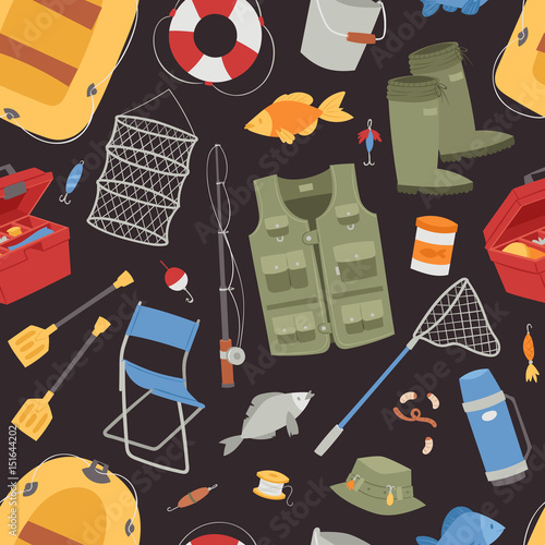 Fishing outdoor vacation fun activity seamless pattern fishery hobby design vector illustration