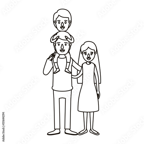 silhouette caricature family mother and father with boy on his back vector illustration