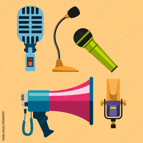 Different microphones types icons journalist vector interview music broadcasting vocal tool tv tool.