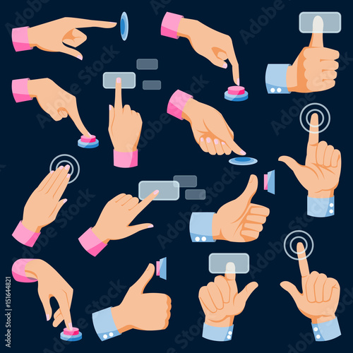 Human hands arm fingers pushing buttons vector set collection isolated