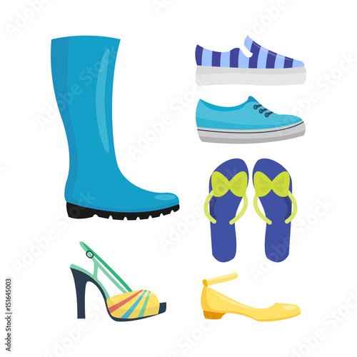 Set of womens shoes flat design vector collection of leather colored moccasins boots illustration.