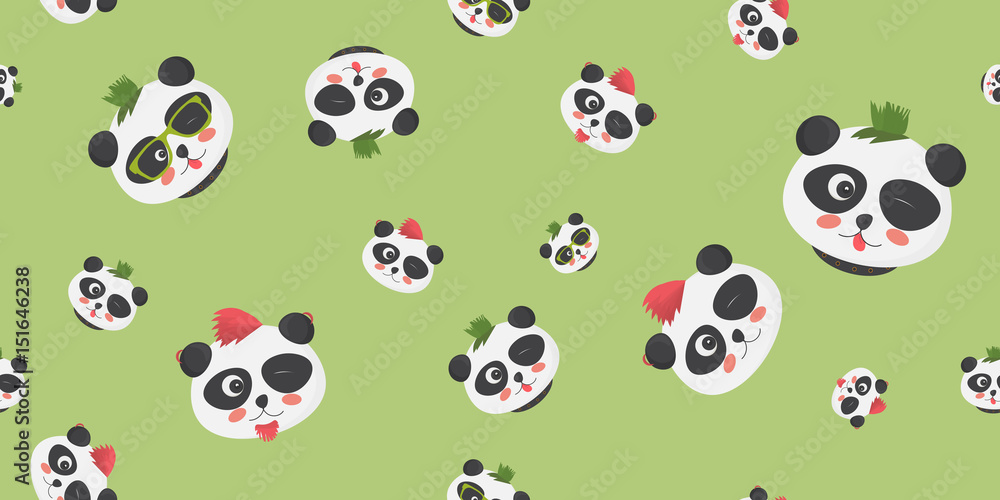 Punk Pandas Vector seamless pattern: panda faces with funny haircuts on a light green background. Punk Pandas Vector seamless pattern: panda faces with funny haircuts on a light green background.