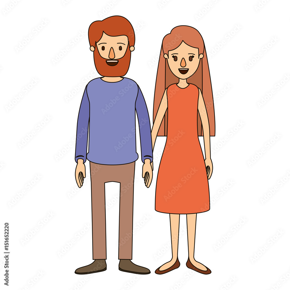 color image caricature full body couple woman with long hair in dress and man in casual clothing vector illustration