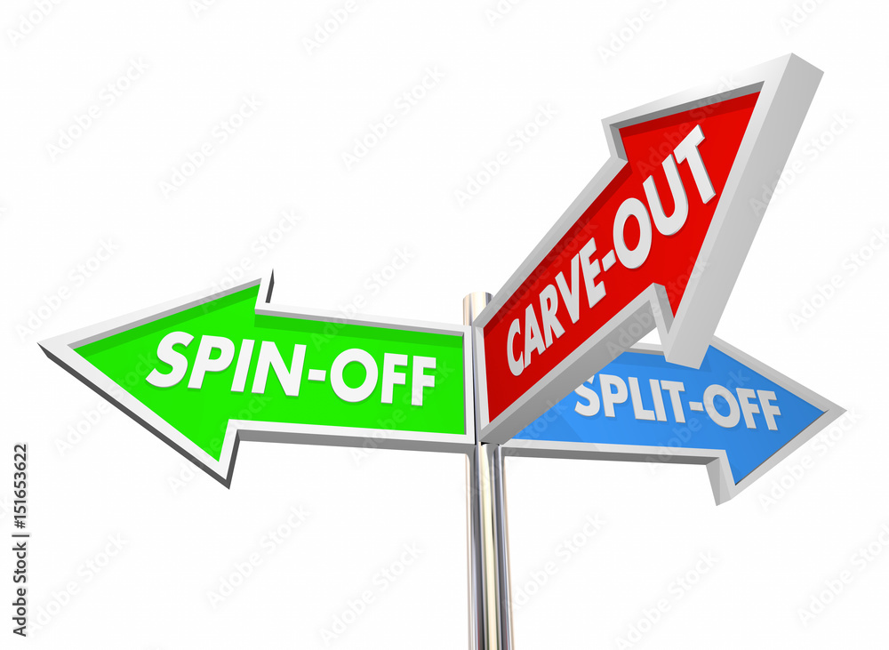 Spin-Off Split-Off Carve-Out Divest Signs 3d Illustration Spin-Off Split-Off Carve-Out Divest Signs 3d Illustration