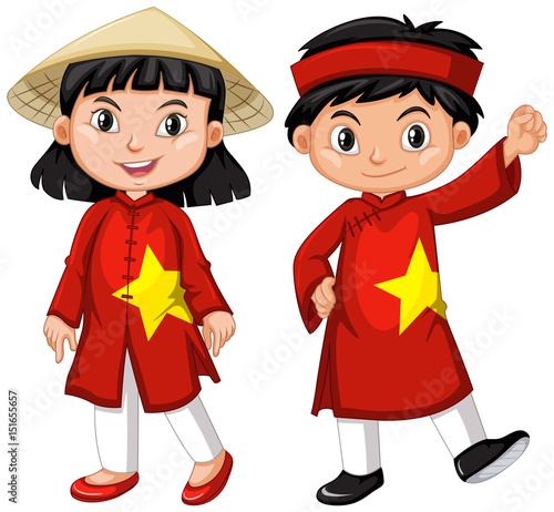 Vietnamese boy and girl in red costume