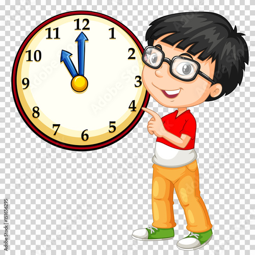Boy looking at clock on transparent background